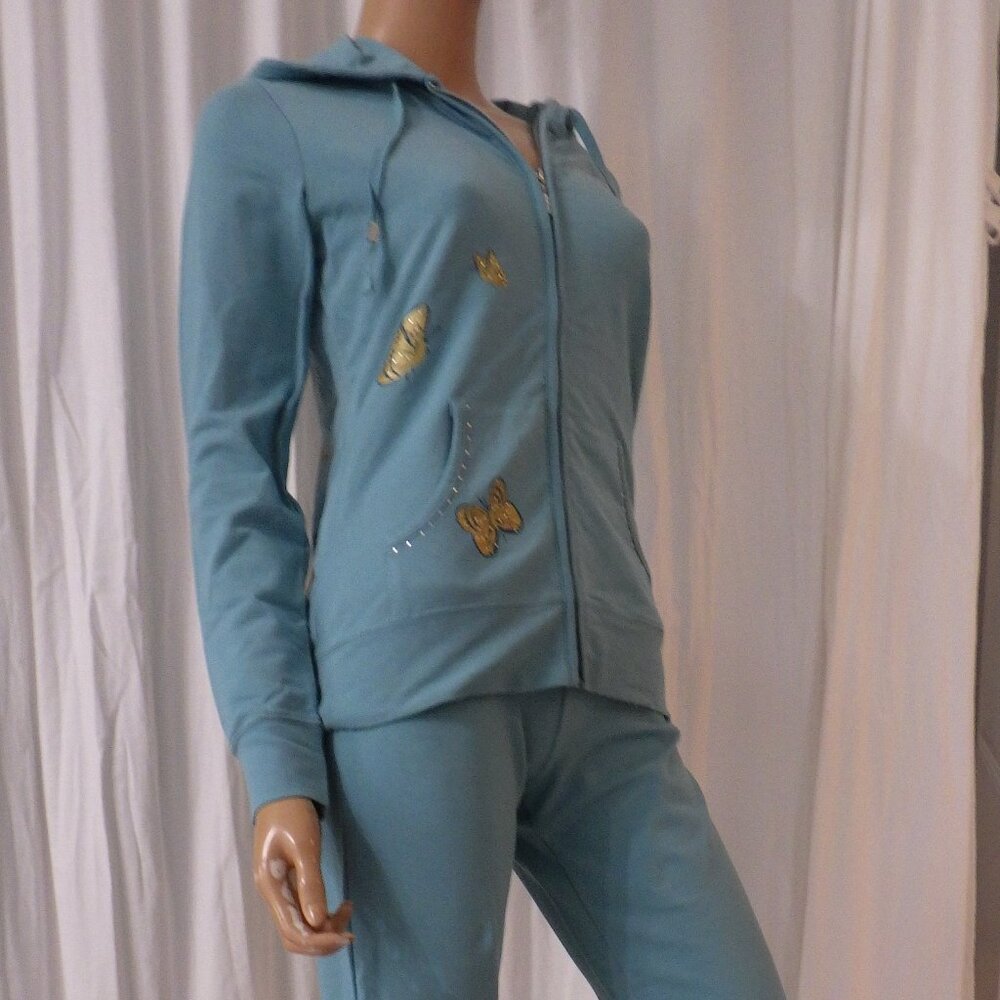 NWT BCBG sz SM MED LG XL 95% cotton TURQUOISE & GOLD BUTTERFLY 2 PC TRACKSUIT